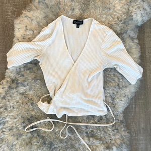 TOPSHOP White Ribbed Wrap Crop Top Blouse v-neck